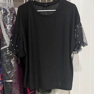 AUW Black Blouse with Sheer Pearl Sleeves